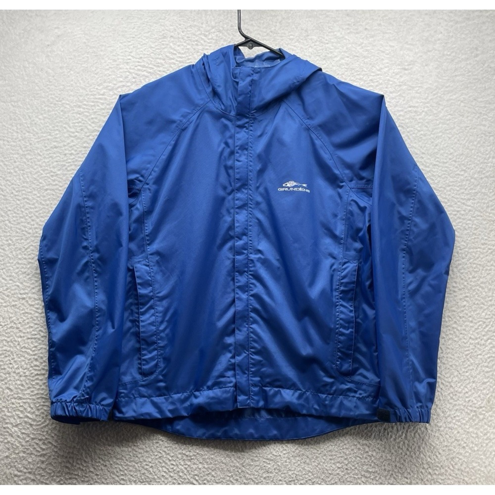 Grundens Rain Jacket Mens Small S Blue Waterproof Polyurethane Hidden Hood Fish